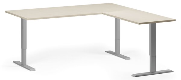 Rohový výškově nastavitelný stůl, 180x180 cm, 3 motory, L/P, šedá podnož, bříza