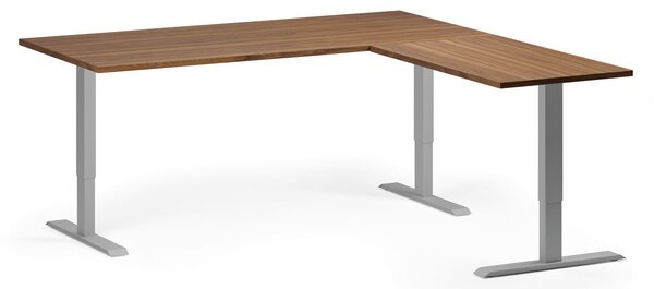 Rohový výškově nastavitelný stůl, 180x180 cm, 3 motory, L/P, šedá podnož, ořech