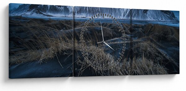Obraz výhledu na Islandské vrcholky (s hodinami) (90x30 cm)