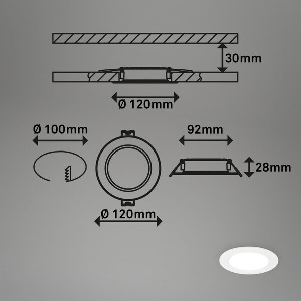 BRI 7993036 3ks sada LED vestavné bodové svítidlo – pr.120mm, ploché, 6W, 230V, neutrální bílá, bílé - BRILONER