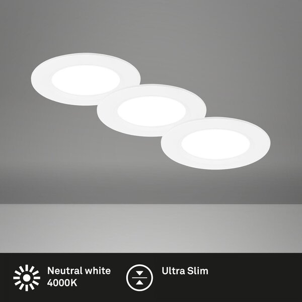 BRI 7992036 3ks sada LED vestavné bodové svítidlo – pr.90mm, ploché, 3W, 230V, neutrální bílá, bílé - BRILONER