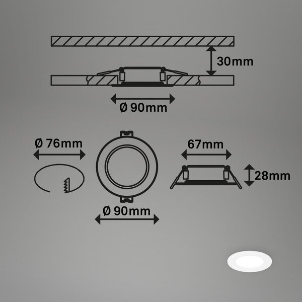 BRI 7992036 3ks sada LED vestavné bodové svítidlo – pr.90mm, ploché, 3W, 230V, neutrální bílá, bílé - BRILONER