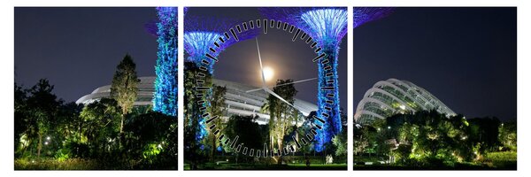 Obraz úplňku v Singapuských zahradách (s hodinami) (90x30 cm)