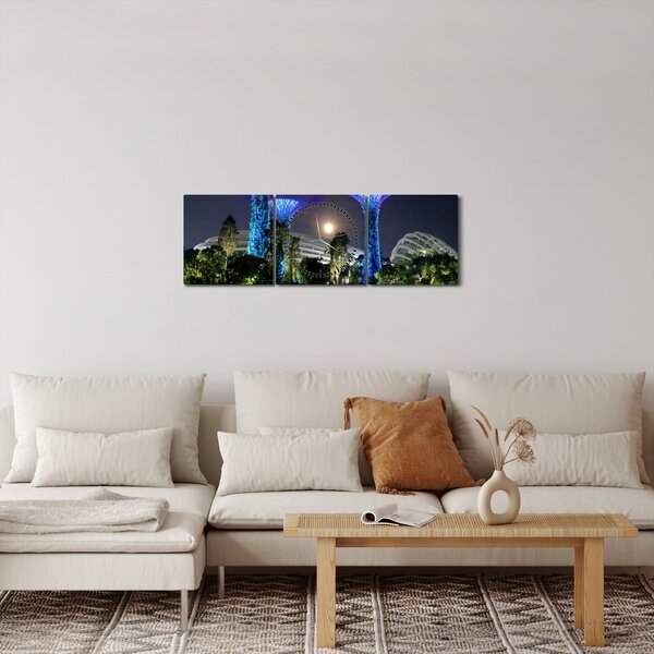 Obraz úplňku v Singapuských zahradách (s hodinami) (90x30 cm)
