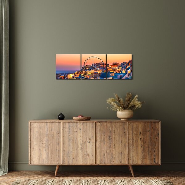 Obraz - Santorini při setmění (s hodinami) (90x30 cm)