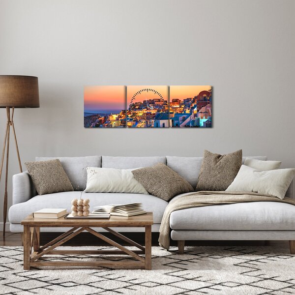 Obraz - Santorini při setmění (s hodinami) (90x30 cm)