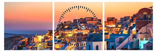 Obraz - Santorini při setmění (s hodinami) (90x30 cm)
