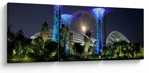 Obraz úplňku v Singapuských zahradách (s hodinami) (90x30 cm)