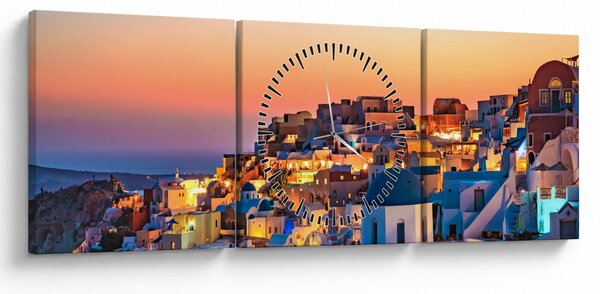 Obraz - Santorini při setmění (s hodinami) (90x30 cm)
