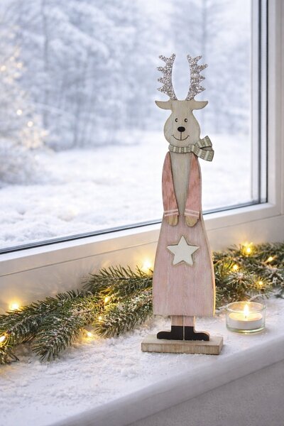 Dekorace dřevěná sobík se stříbrnými rohy 30cm 2009317