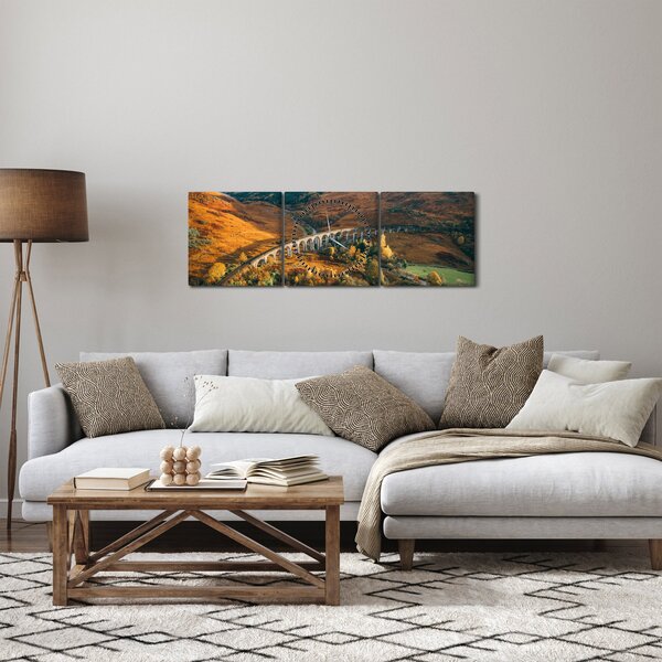 Obraz mostu ve skotském údolí (s hodinami) (90x30 cm)