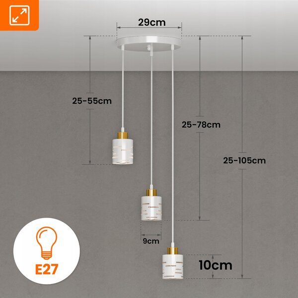 Bílé závěsné svítidlo E27, 3 žárovky, výška 105 cm