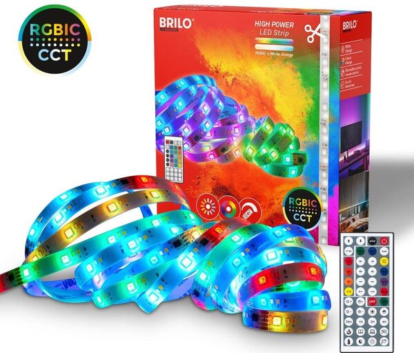 BRILO 2354156 LED pásek 5 m - stmívatelné, RGBIC, CCT, dálkový ovladač, samolepící, bílé - BRILO