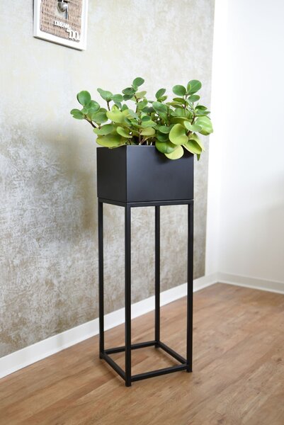 Květináč na vysokých nohách ELEVATE SQUARE, ocel, výška 79 cm, černý mat