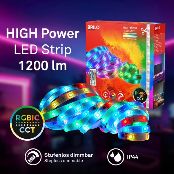 BRILO 2354156 LED pásek 5 m - stmívatelné, RGBIC, CCT, dálkový ovladač, samolepící, bílé - BRILO