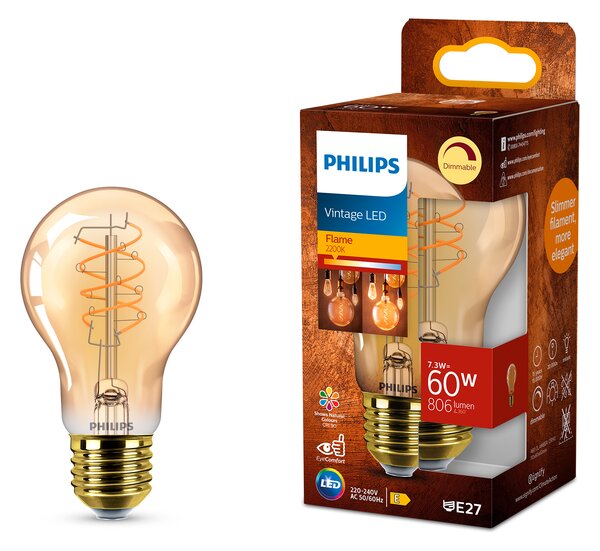 LED filament žárovka E27 A60 7,3 (60W) 806lm 2200K stmívatelná, jantarová