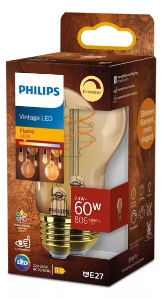 LED filament žárovka E27 A60 7,3 (60W) 806lm 2200K stmívatelná, jantarová