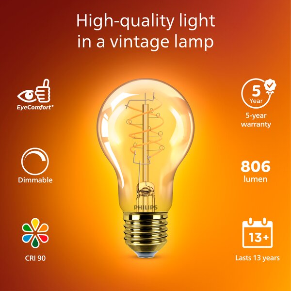 LED filament žárovka E27 A60 7,3 (60W) 806lm 2200K stmívatelná, jantarová