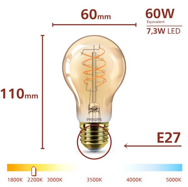 LED filament žárovka E27 A60 7,3 (60W) 806lm 2200K stmívatelná, jantarová