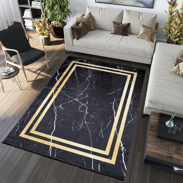 Makro Abra Kusový koberec pratelný TOSCANA 23483 PRINT Klasický Moderní pogumovaný černý zlatý Rozměr: 80x150 cm