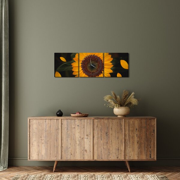 Obraz - Slunečnice a lístky květů (s hodinami) (90x30 cm)