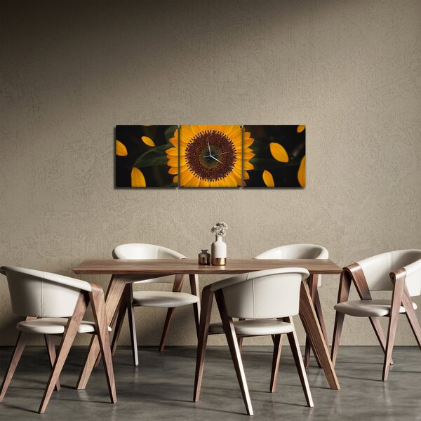 Obraz - Slunečnice a lístky květů (s hodinami) (90x30 cm)