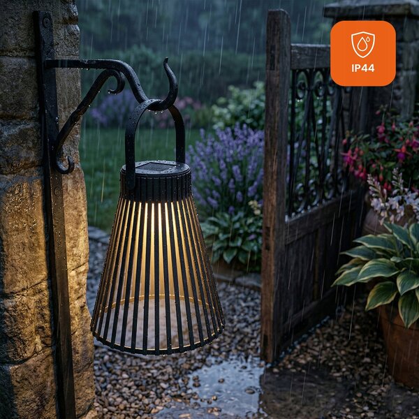 Černý solární LED lampion 3000 K, 33 × 20 cm, IP44, teplá bílá