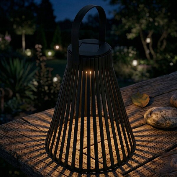 Černý solární LED lampion 3000 K, 33 × 20 cm, IP44, teplá bílá