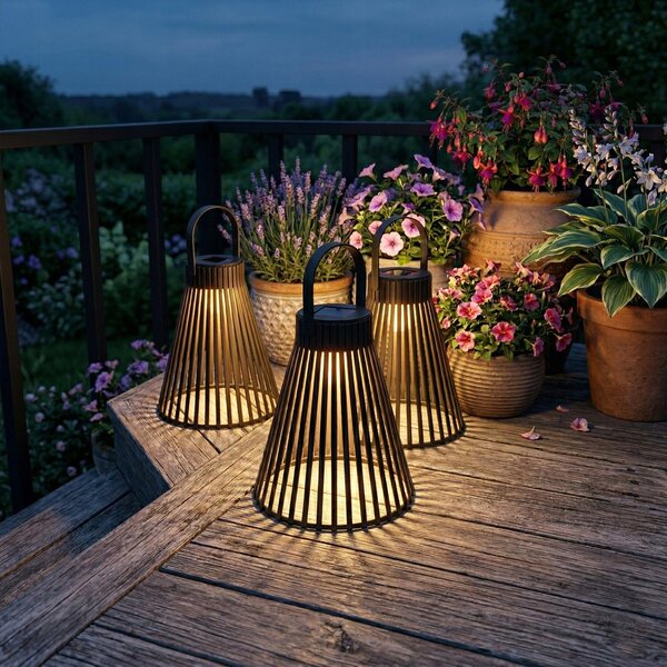Černý solární LED lampion 3000 K, 33 × 20 cm, IP44, teplá bílá