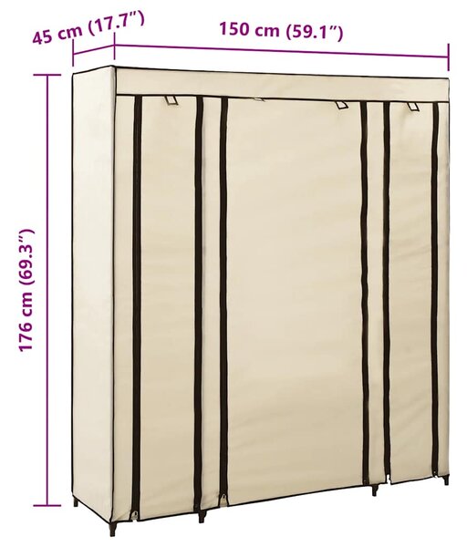 Šatní skříň s přihrádkami a tyčemi krémová 150x45x176 cm textil 282435