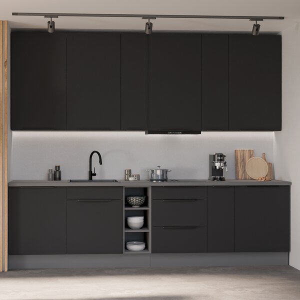 Kuchyňská linka ARIA ab | 300 cm | UNI dvířka | EXTRA VYSOKÁ | ANTIFINGER povrch | antracit/černá
