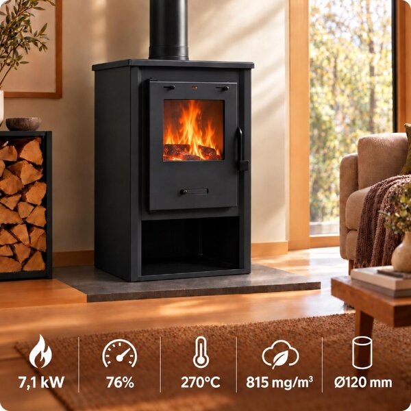 Krbová kamna Vulcan 7,1 kW na dřevo, volně stojící, do 90 m², s litinovým roštem a popelníkem