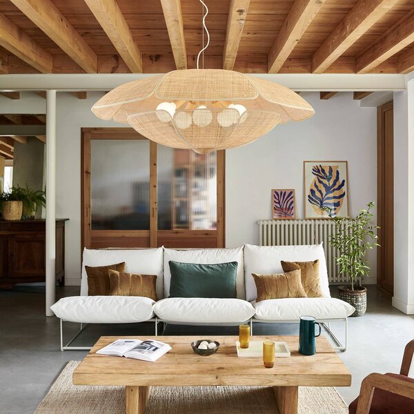 MARKET SET závěsné světlo Coquillage, 110 cm, přírodní barva ratanu, stmívatelný, Světlé dřevo, Obývací pokoj / jídelna, Dřevo, Design