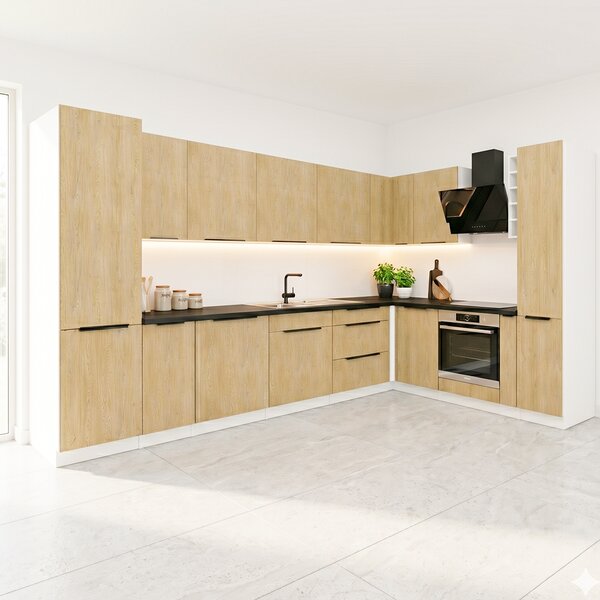 Kuchyňská linka CREMONA bc | 340x220 cm | ve tvaru L | UNI provedení | zásuvky PREMIUM BOX | bílá/cremona