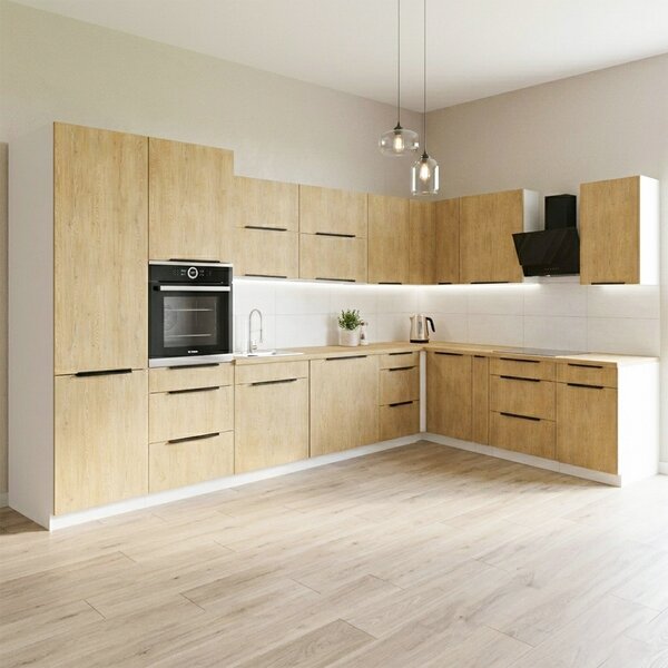 Kuchyňská linka CREMONA bc | 340x230 cm | verze B | ve tvaru L | UNI provedení | zásuvky PREMIUM BOX | bílá/cremona
