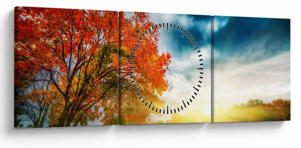 Obraz krajiny zalité slunečním svitem (s hodinami) (90x30 cm)