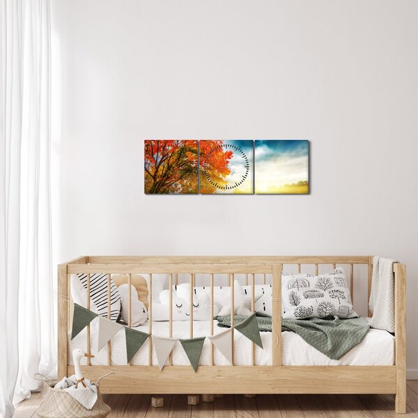 Obraz krajiny zalité slunečním svitem (s hodinami) (90x30 cm)
