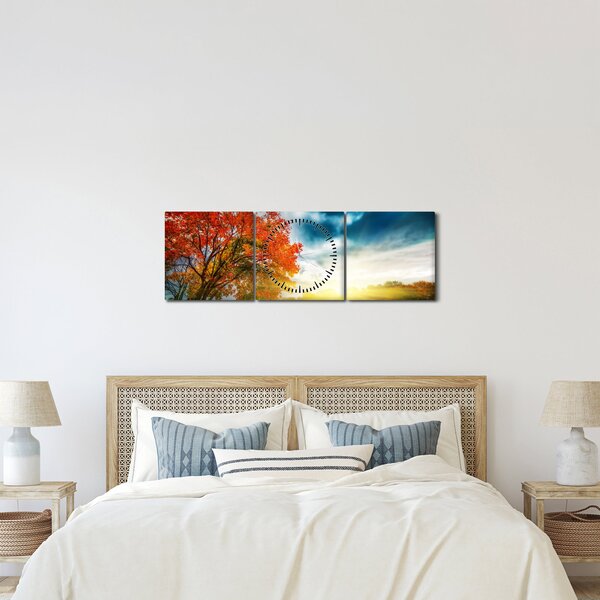 Obraz krajiny zalité slunečním svitem (s hodinami) (90x30 cm)
