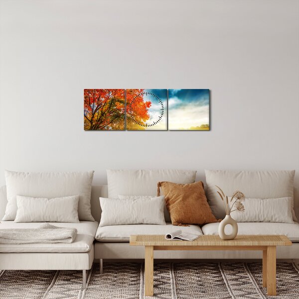 Obraz krajiny zalité slunečním svitem (s hodinami) (90x30 cm)
