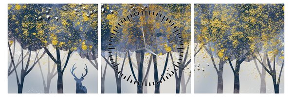 Obraz jelena v lese (s hodinami) (90x30 cm)