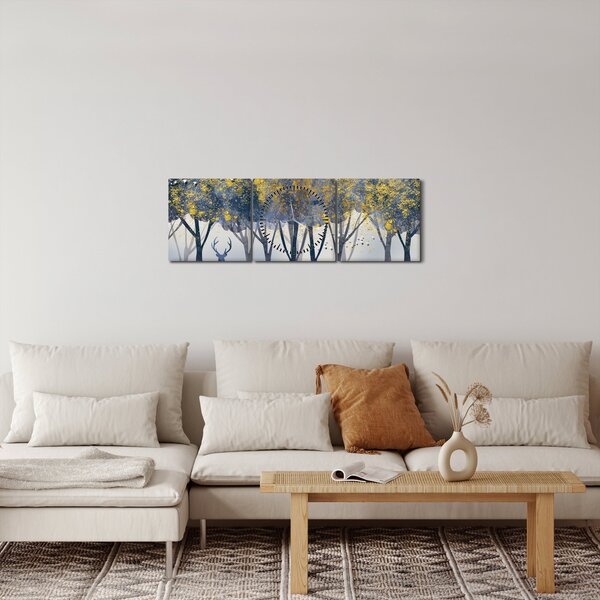 Obraz jelena v lese (s hodinami) (90x30 cm)