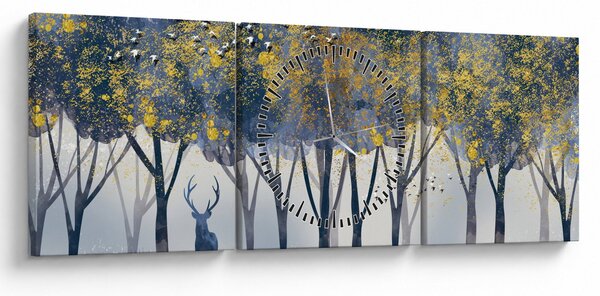 Obraz jelena v lese (s hodinami) (90x30 cm)