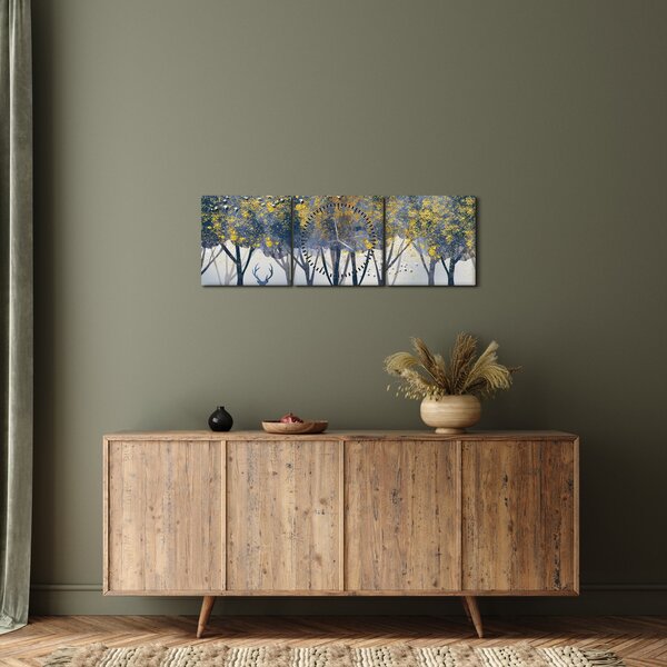 Obraz jelena v lese (s hodinami) (90x30 cm)