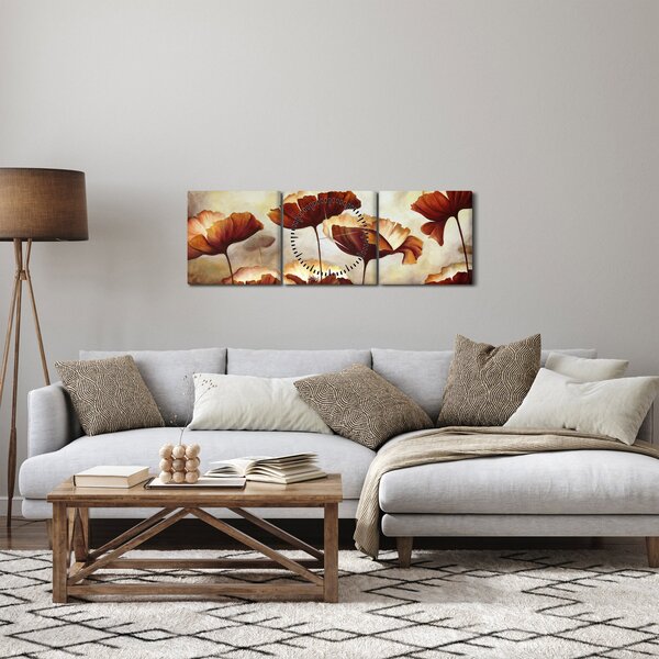 Obraz červených květin (s hodinami) (90x30 cm)