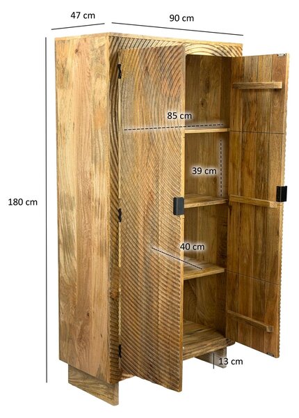 FineBuy Skříň z masivního mangového dřeva, přírodní barva, 180 cm, vysoká skříň do obývacího pokoje, víceúčelová skříň, venkovský styl, skříň na oblečení se 2 dvířky, skříň z masivního dřeva, ruční výroba