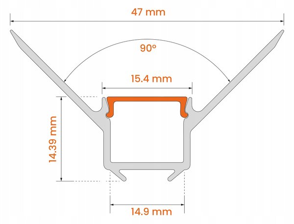 Hliníkový profil pro LED pásek 2 m, šířka 47 mm, výška 14,39 mm