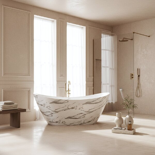 Rea Ferrano Slim, volně stojící vana 170x73 cm, imitace kamene, bílý click-clack, REA-W0505