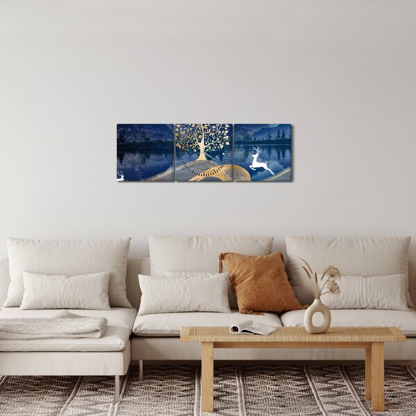 Obraz jelenů při úplňku (s hodinami) (90x30 cm)