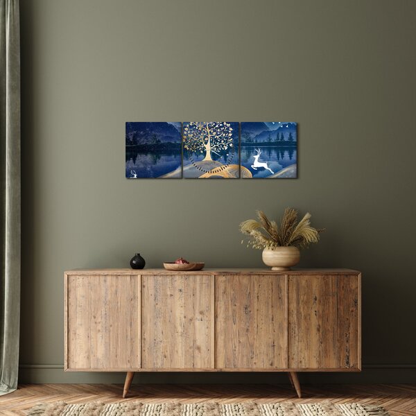 Obraz jelenů při úplňku (s hodinami) (90x30 cm)