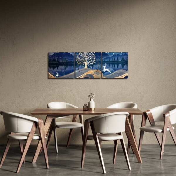 Obraz jelenů při úplňku (s hodinami) (90x30 cm)